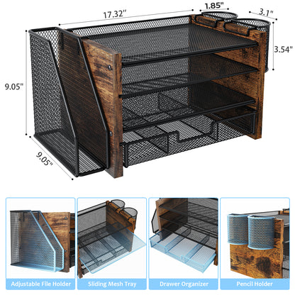 MEHOOM Desk Organizer with File Holder,4-Tier Desk File Organizer with Drawer and 2 Pen Holders, Office Desk Accessories, File Sorters, Workspace Organizers for Office Supplies