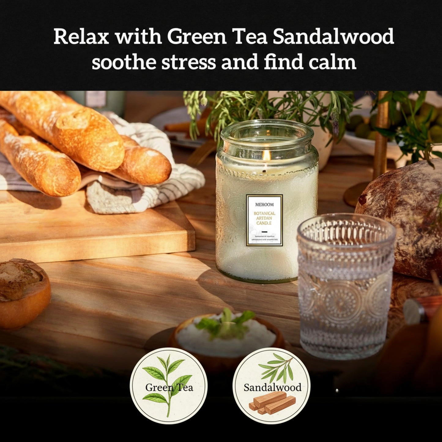 MEHOOM Green Tea & Sandalwood Wood Wick Scented Candle, 20oz Large Beeswax & Soy Blend, Clean Burning 100-Hour Candle, Cozy Gift for Home Decor
