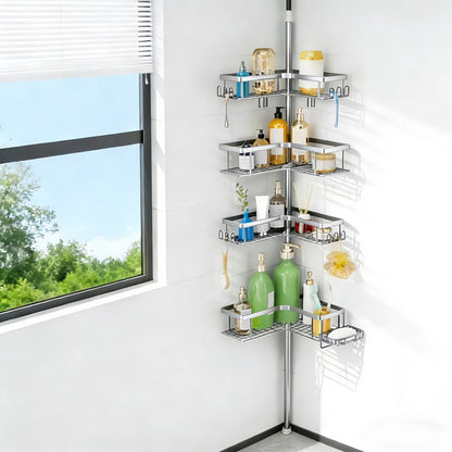 MEHOOM 4-Tier Corner Shower Caddy with Tension Pole, Adjustable 30–120 inch, No-Drill Shower Organizer with Hooks, Soap Holder & Toothbrush Cup, Rustproof Bathroom Caddy (Silver)