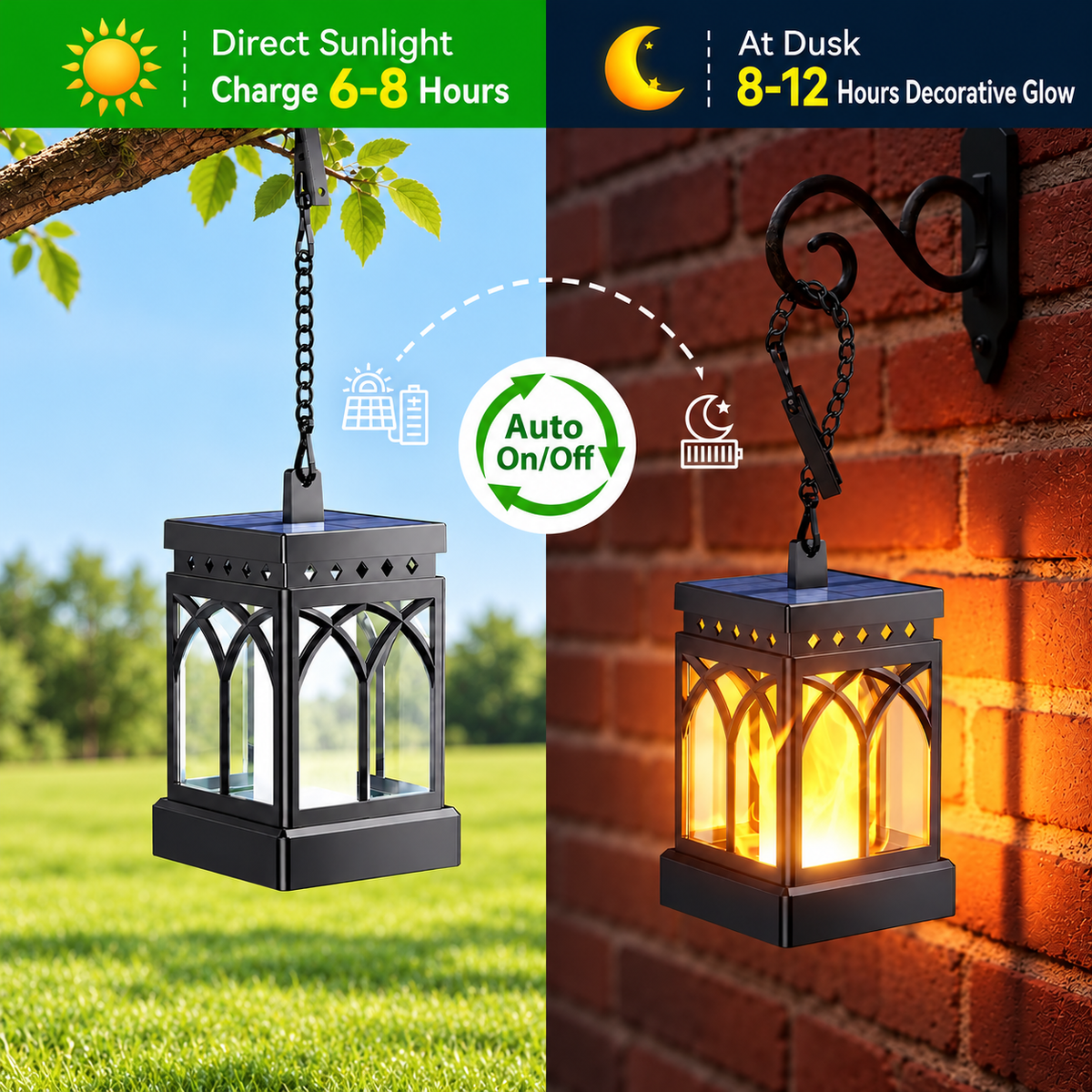 MEHOOM Solar Lanterns Outdoor Waterproof, 4-Pack Flickering Flame Hanging Solar Lights for Patio Yard Garden Decor