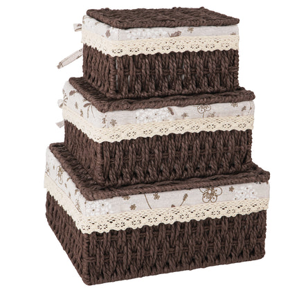 XGVGI Wicker Basket Set of 3 – Woven Storage Baskets for Bedroom, Closet, Table, or Living Room (Dark Brown)