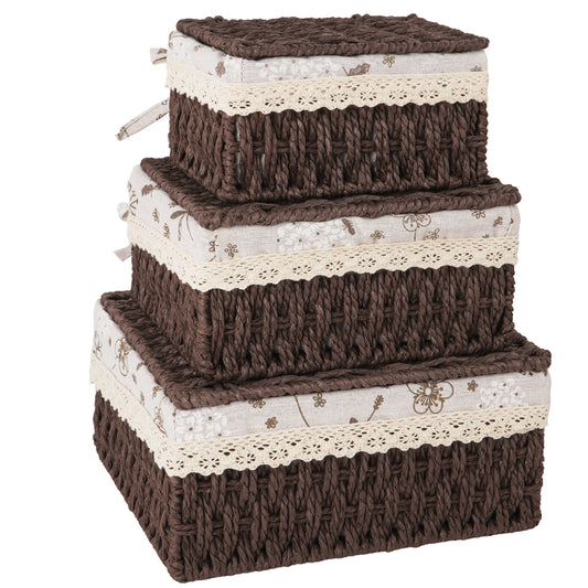 XGVGI Wicker Basket Set of 3 – Woven Storage Baskets for Bedroom, Closet, Table, or Living Room (Dark Brown)