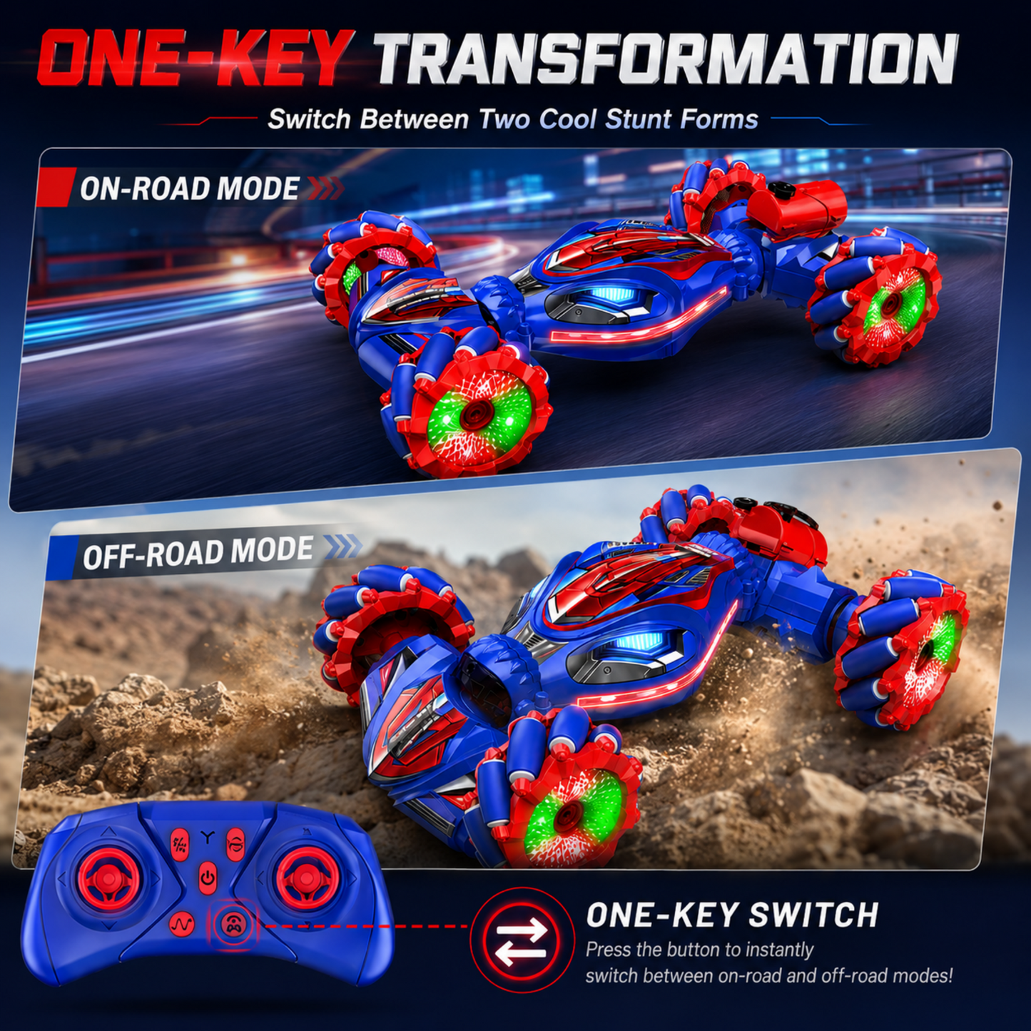 MEHOOM Remote Control Car for Kids Ages 3-12, 2.4GHz RC Stunt Car with Gesture Sensing, 360° Rotating Fast RC Car, LED Lights, Sounds & Mist Spray
