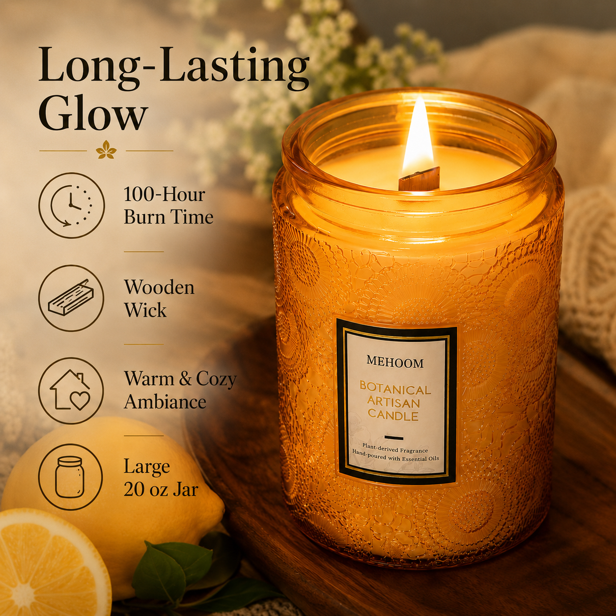 MEHOOM Lemon Wood Wick Scented Candle, 20oz Large Beeswax & Soy Blend, Clean Burning 100-Hour Candle, Cozy Gift for Home Decor