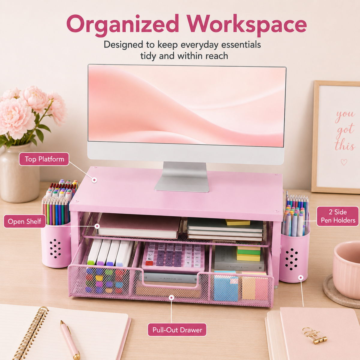 MEHOOM Desk Organizer, 3-Tier Monitor Stand with Storage and 2 Pen Holder, Laptop Stand, Office Desk Accessories for Office Supplies, Pink