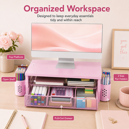 MEHOOM Desk Organizer, 3-Tier Monitor Stand with Storage and 2 Pen Holder, Laptop Stand, Office Desk Accessories for Office Supplies, Pink