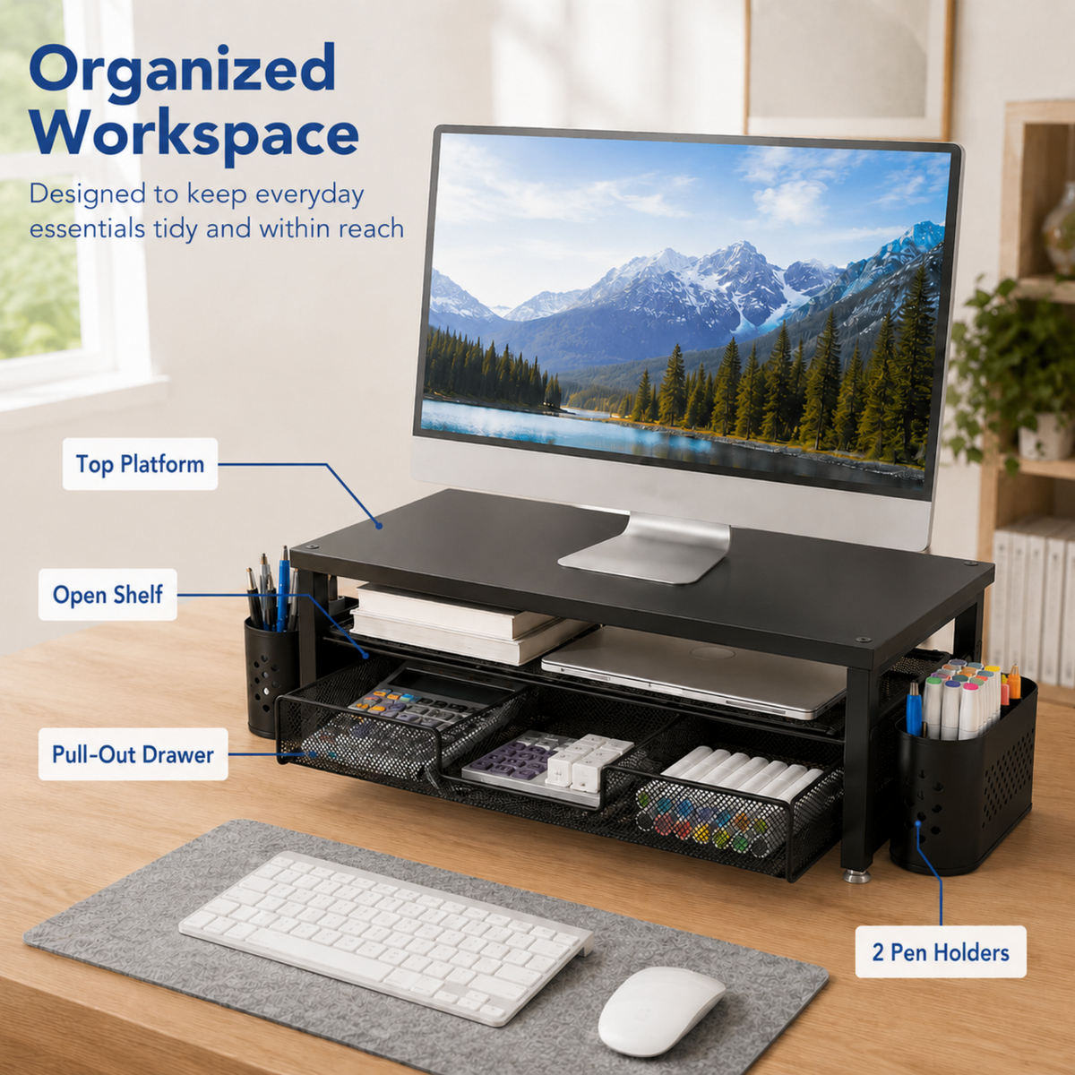MEHOOM 3-Tier Monitor Stand Riser with Drawer and Pen Holders, Desk Organizer and Accessories college essential for Laptop, Office, and Dorm Desktop Setup, Black