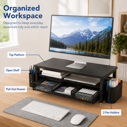 MEHOOM 3-Tier Monitor Stand Riser with Drawer and Pen Holders, Desk Organizer and Accessories college essential for Laptop, Office, and Dorm Desktop Setup, Black