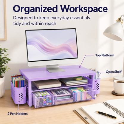 MEHOOM Desk Organizer, 2-Tier Monitor Stand with Storage and 2 Pen Holder, Laptop Stand, Office Desk Accessories for Office Supplies, Purple