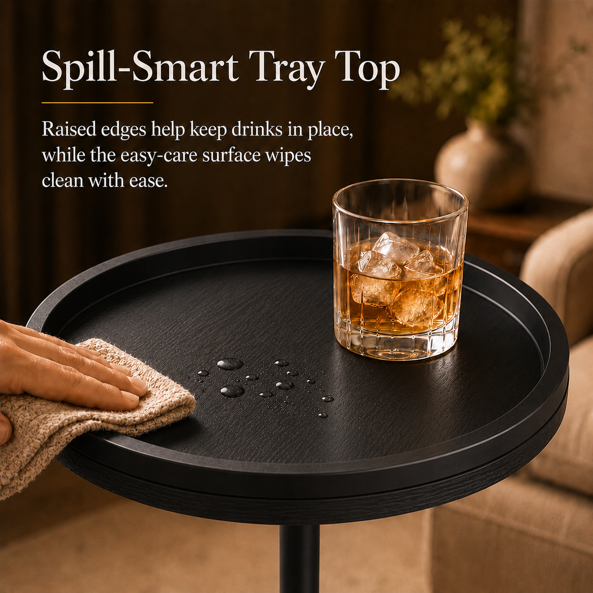 MEHOOM Round Side Table, Black Drink Table for Small Spaces, Modern Accent End Table for Living Room, Bedroom