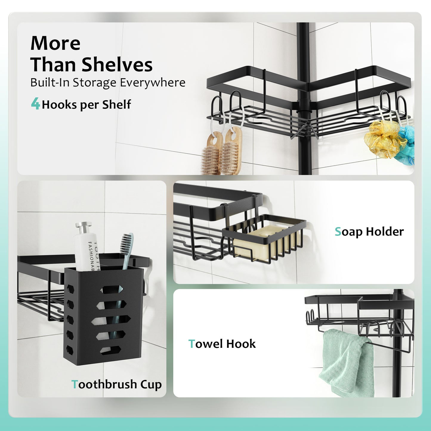 MEHOOM 4-Tier Corner Shower Caddy with Tension Pole, Adjustable 30–120 inch, No-Drill Shower Organizer with Hooks, Soap Holder & Toothbrush Cup, Rustproof Bathroom Caddy (Black)