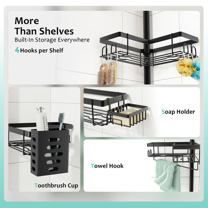 MEHOOM 4-Tier Corner Shower Caddy with Tension Pole, Adjustable 30–120 inch, No-Drill Shower Organizer with Hooks, Soap Holder & Toothbrush Cup, Rustproof Bathroom Caddy (Black)