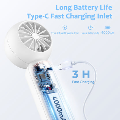 MEHOOM Portable Handheld Turbo Fan, 5-Speed Desk Fan with 4000mAh Battery, Up to 18-Hour Runtime Small Personal for Travel, Outdoor, Beach, White