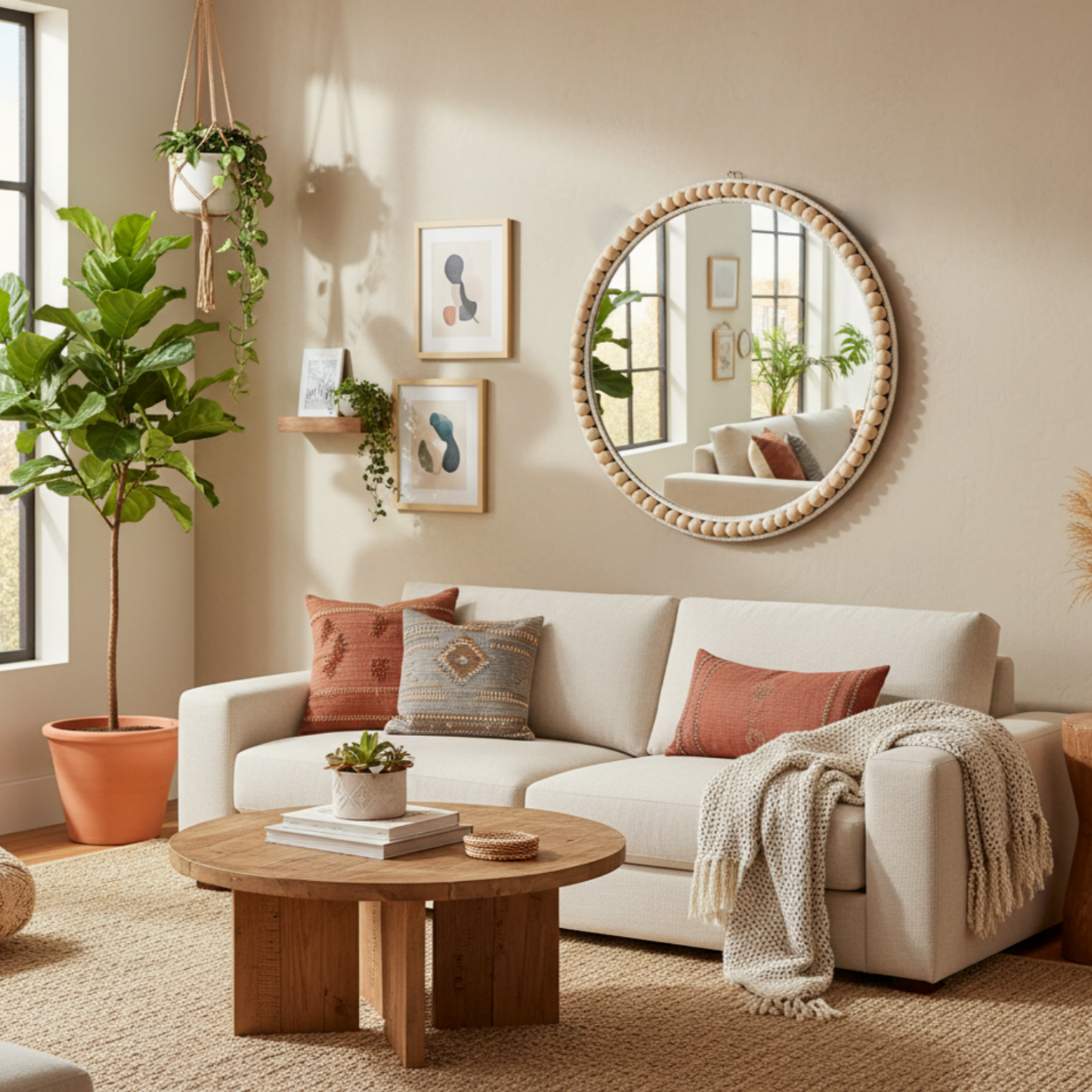 MEHOOM 17" Round Wall Mirror, Boho Hanging Round Mirror, Wall Decor for Bedroom, Bathroom, Living Room, Beige