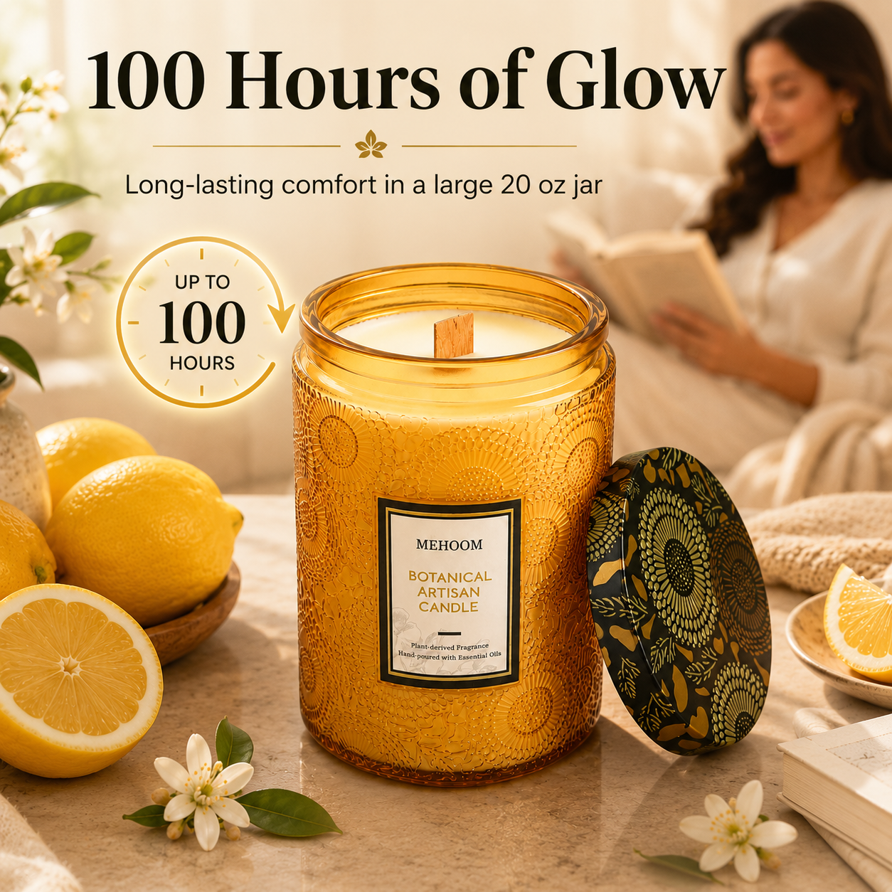 MEHOOM Lemon Wood Wick Scented Candle, 20oz Large Beeswax & Soy Blend, Clean Burning 100-Hour Candle, Cozy Gift for Home Decor