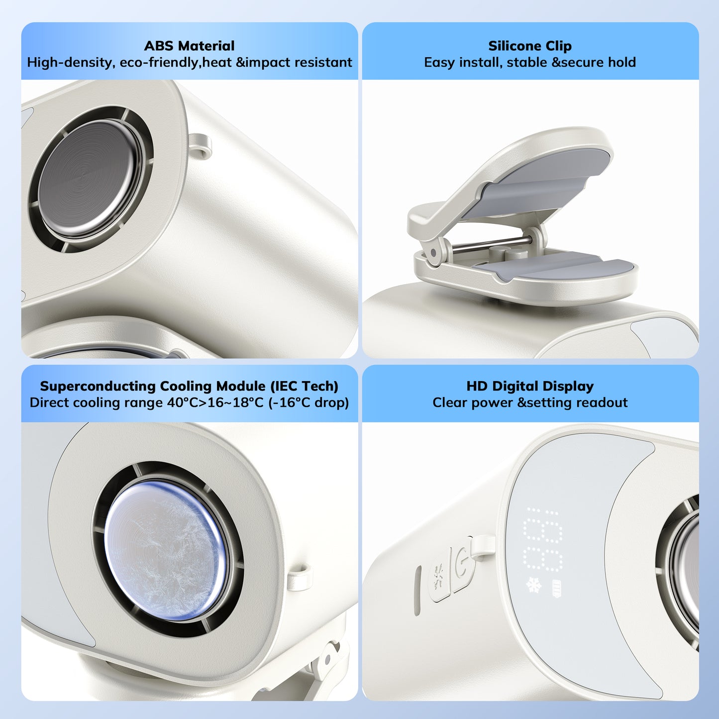 MEHOOM Ice Cooling Clip-On Fan Portable - 360° Rotation, Mini Car Air Conditioner Fan with LED Display, Up to 12H ,USB Rechargeable Personal Fan with 5-Speed, Hands-Free Fan for Cars Work Outdoor Tra