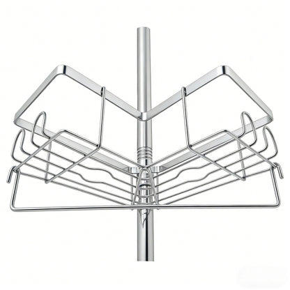 MEHOOM 4-Tier Corner Shower Caddy with Tension Pole, Adjustable 30–120 inch, No-Drill Shower Organizer with Hooks, Soap Holder & Toothbrush Cup, Rustproof Bathroom Caddy (Silver)