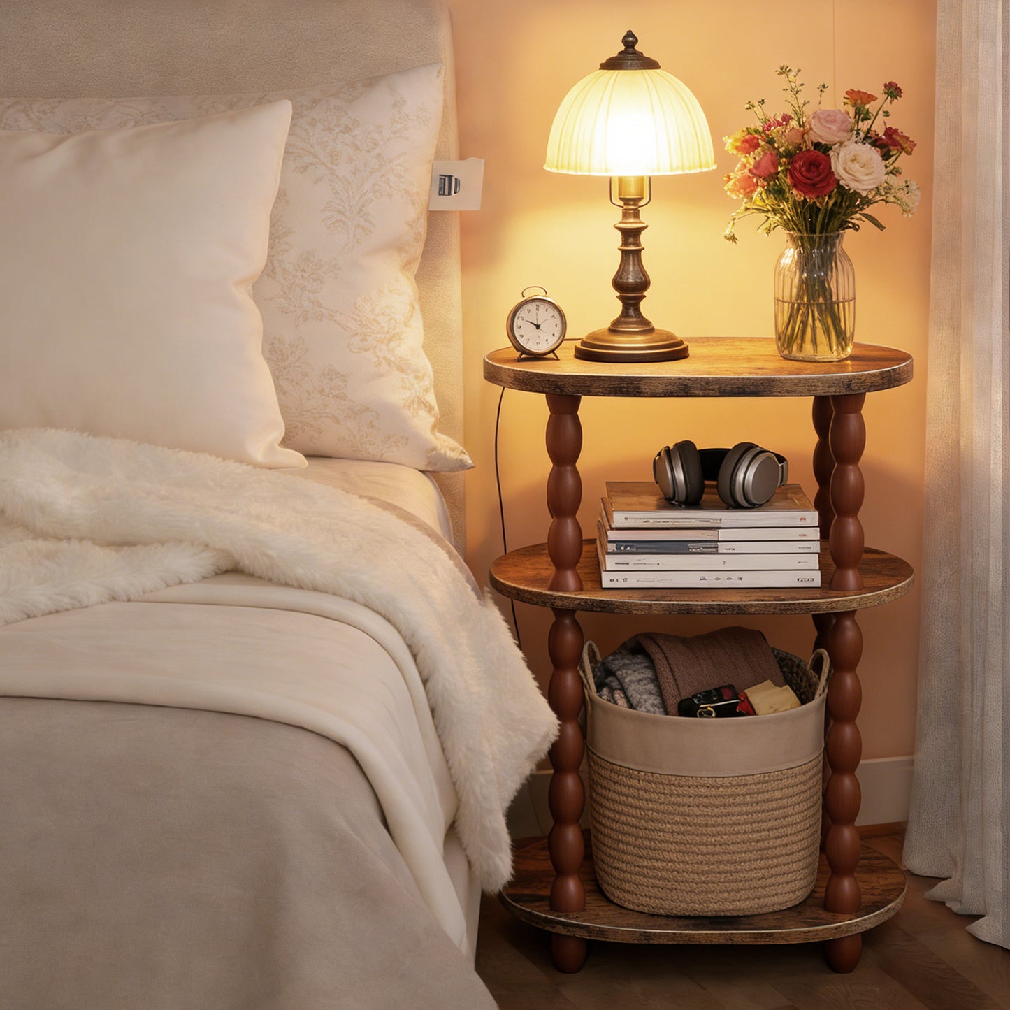 MEHOOM 3-Tier Side Table, Small End Table for Living Room and Bedroom, Vintage Accent Table Nightstand with Storage