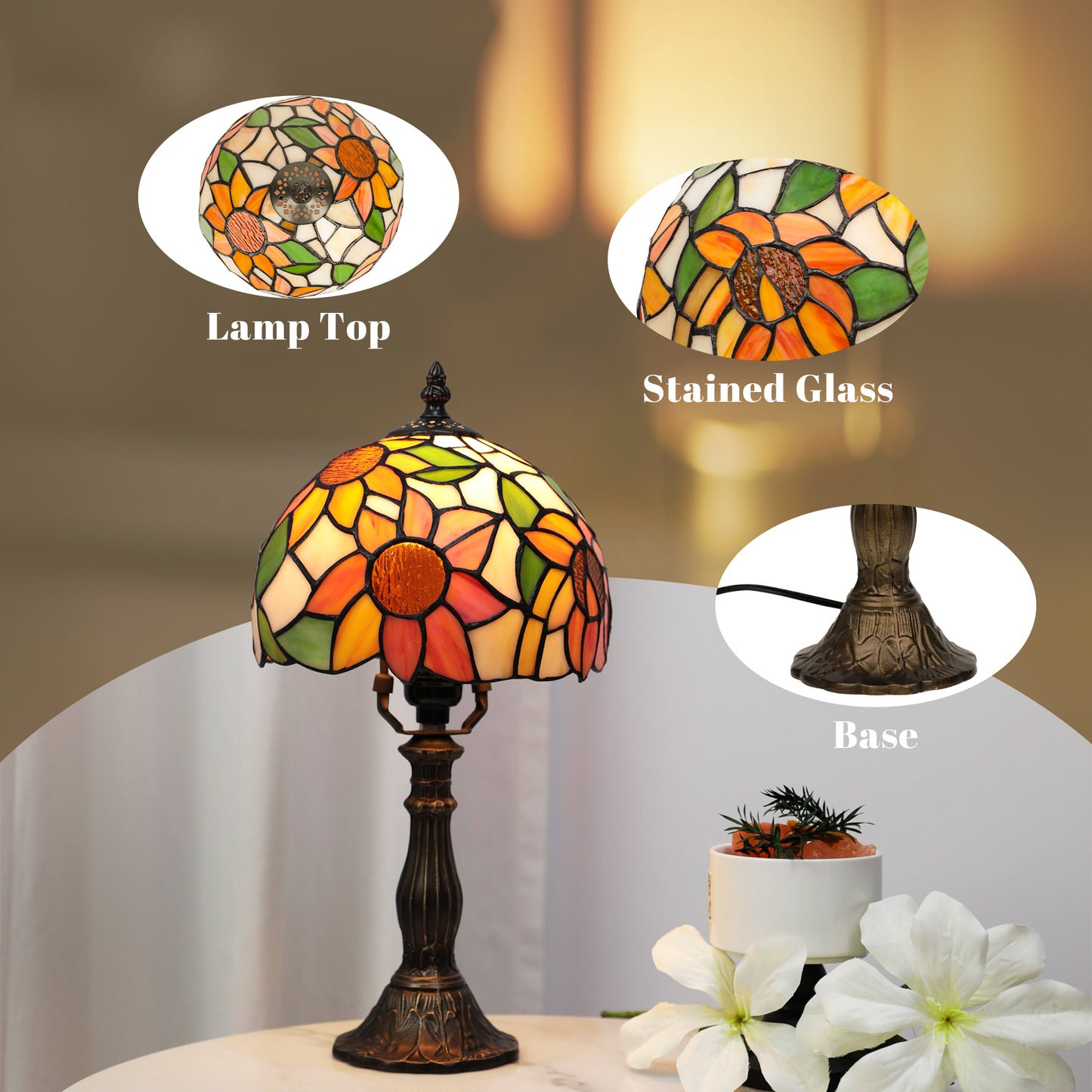 MEHOOM Sunflower Tiffany Style Table Lamp with Stained Glass Lamp Shade, LED 3 Color,Auto Timer Dimmable,Bedroom, Living Room