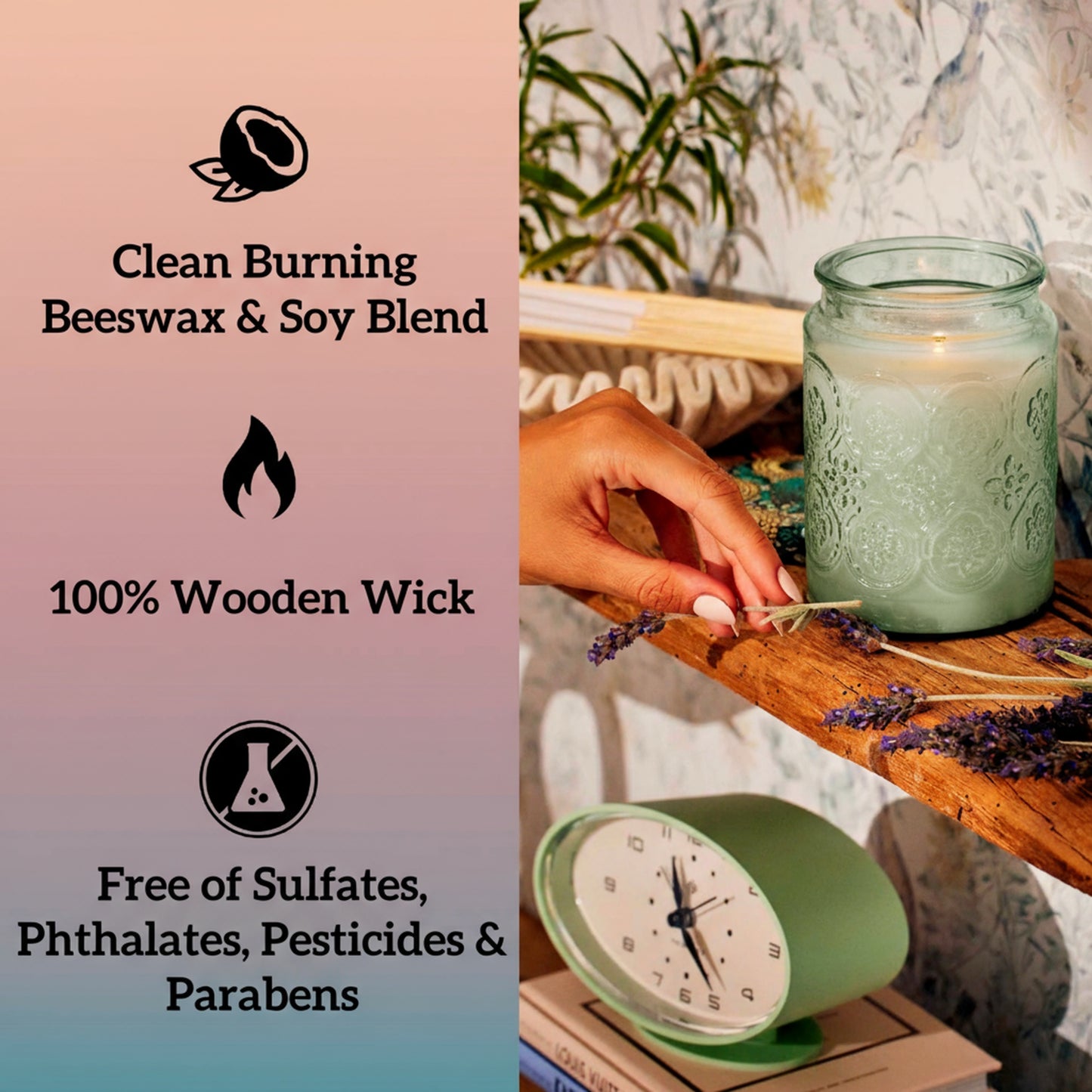 MEHOOM Green Tea & Sandalwood Wood Wick Scented Candle, 20oz Large Beeswax & Soy Blend, Clean Burning 100-Hour Candle, Cozy Gift for Home Decor