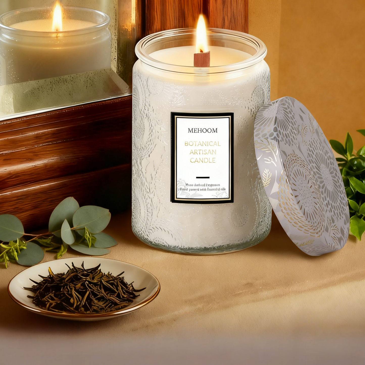 MEHOOM Green Tea & Sandalwood Wood Wick Scented Candle, 20oz Large Beeswax & Soy Blend, Clean Burning 100-Hour Candle, Cozy Gift for Home Decor