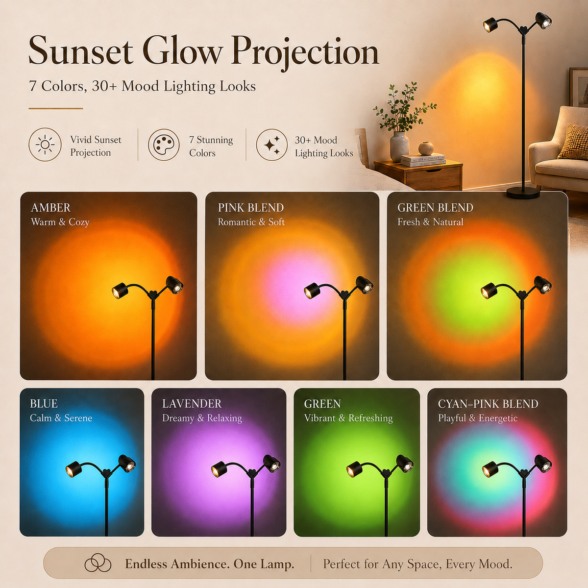 MEHOOM  Double-Headed Floor Lamp , 360°Rotating Sunset Lamp Ambiance Comes with 7 Color Swatches,  Modern Floor Stand Night Light for Living Rooms, Bedrooms & Offices