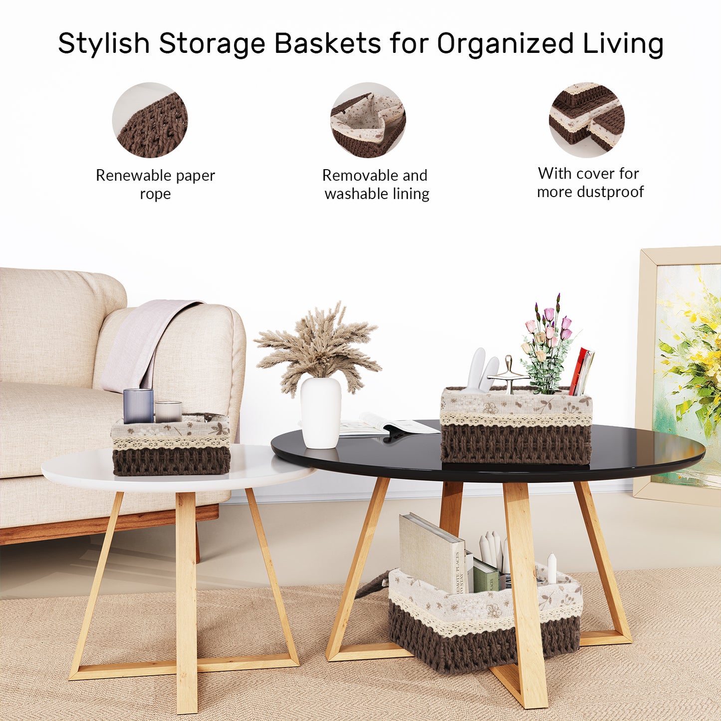 XGVGI Wicker Basket Set of 3 – Woven Storage Baskets for Bedroom, Closet, Table, or Living Room (Dark Brown)