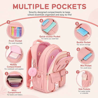 MEHOOM Girls Backpack for School, Kids Bookbag for Girls, Kawaii School Bag with Clear Display Pocket, Large Capacity Elementary Middle School Backpack, Pink