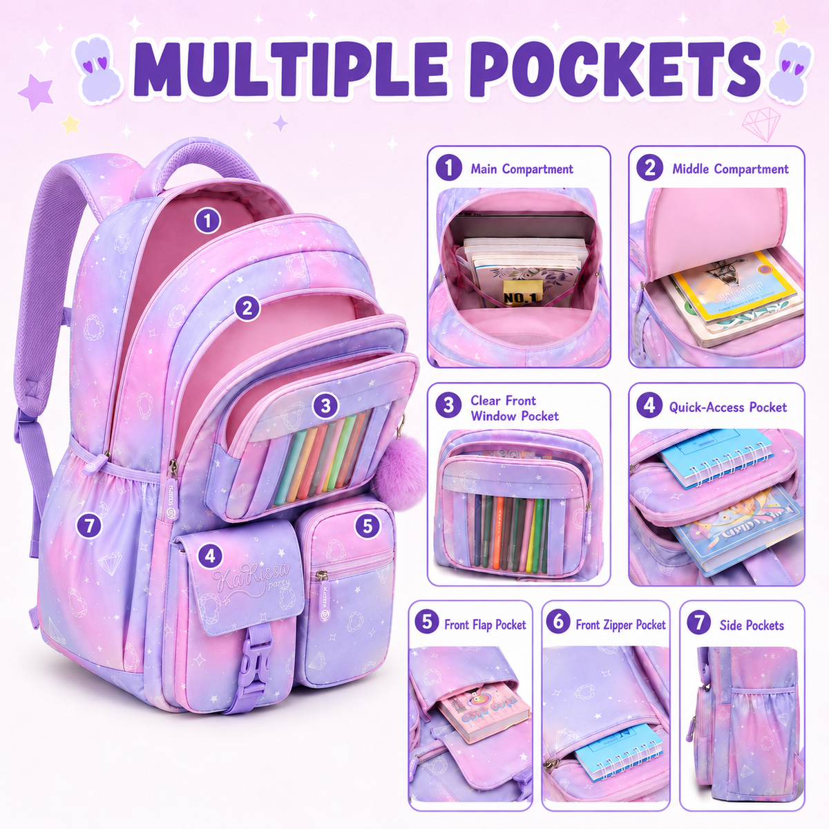 MEHOOM Girls Backpack for School, Kids Bookbag for Girls, Kawaii School Bag with Clear Display Pocket, Large Capacity Elementary Middle School Backpack, Purple Gradient