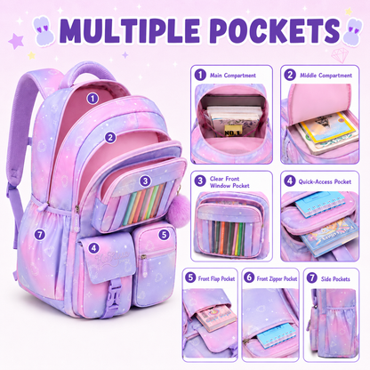 MEHOOM Girls Backpack for School, Kids Bookbag for Girls, Kawaii School Bag with Clear Display Pocket, Large Capacity Elementary Middle School Backpack, Purple Gradient