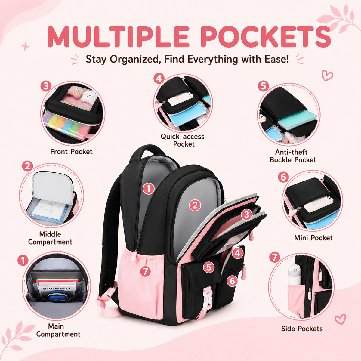 MEHOOM Girls Backpack for School, Kids Bookbag for Girls, Kawaii School Bag with Clear Display Pocket, Large Capacity Elementary Middle School Backpack, Black Pink