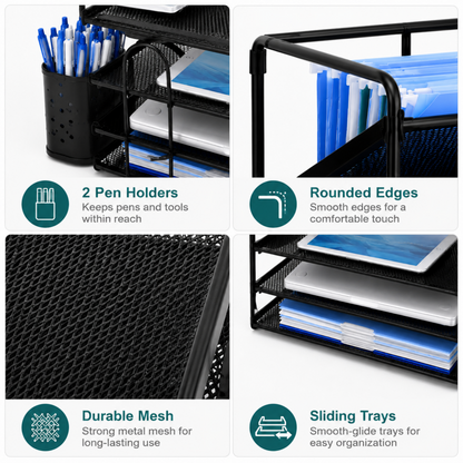 MEHOOM 6-Tier Desk Organizer, Metal File Organizer with Letter Tray Paper Organizer, Desktop Document & Mail Organizer, Office Supplies Organizer with 2 Pen Holders, Office Desk Accessories for Home,