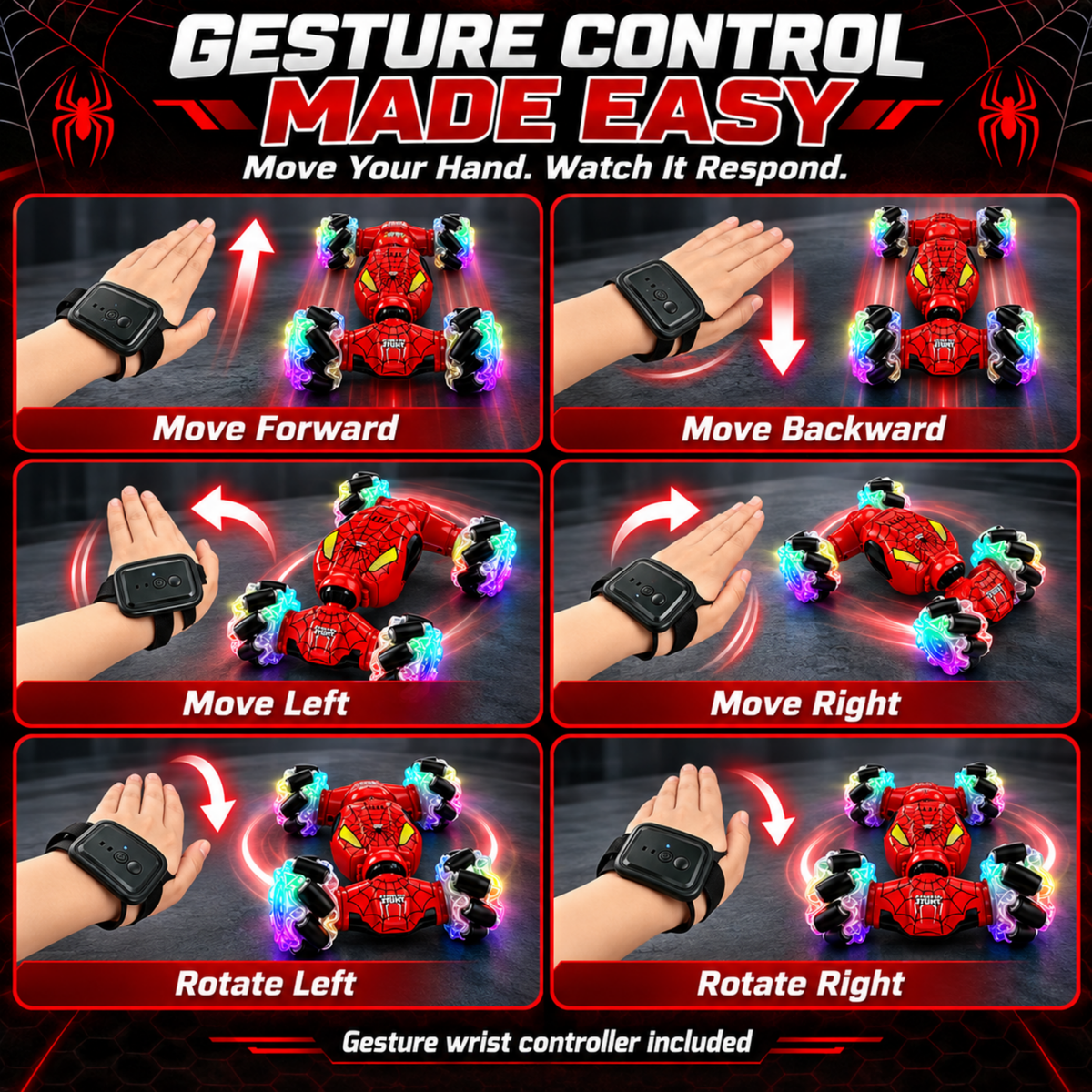 MEHOOM 4WD 360° Stunt & Drift Gesture Sensing RC Cars with 2.4GHz, Rechargeable Remote Control Cars for Kids Ages 3-12, Red