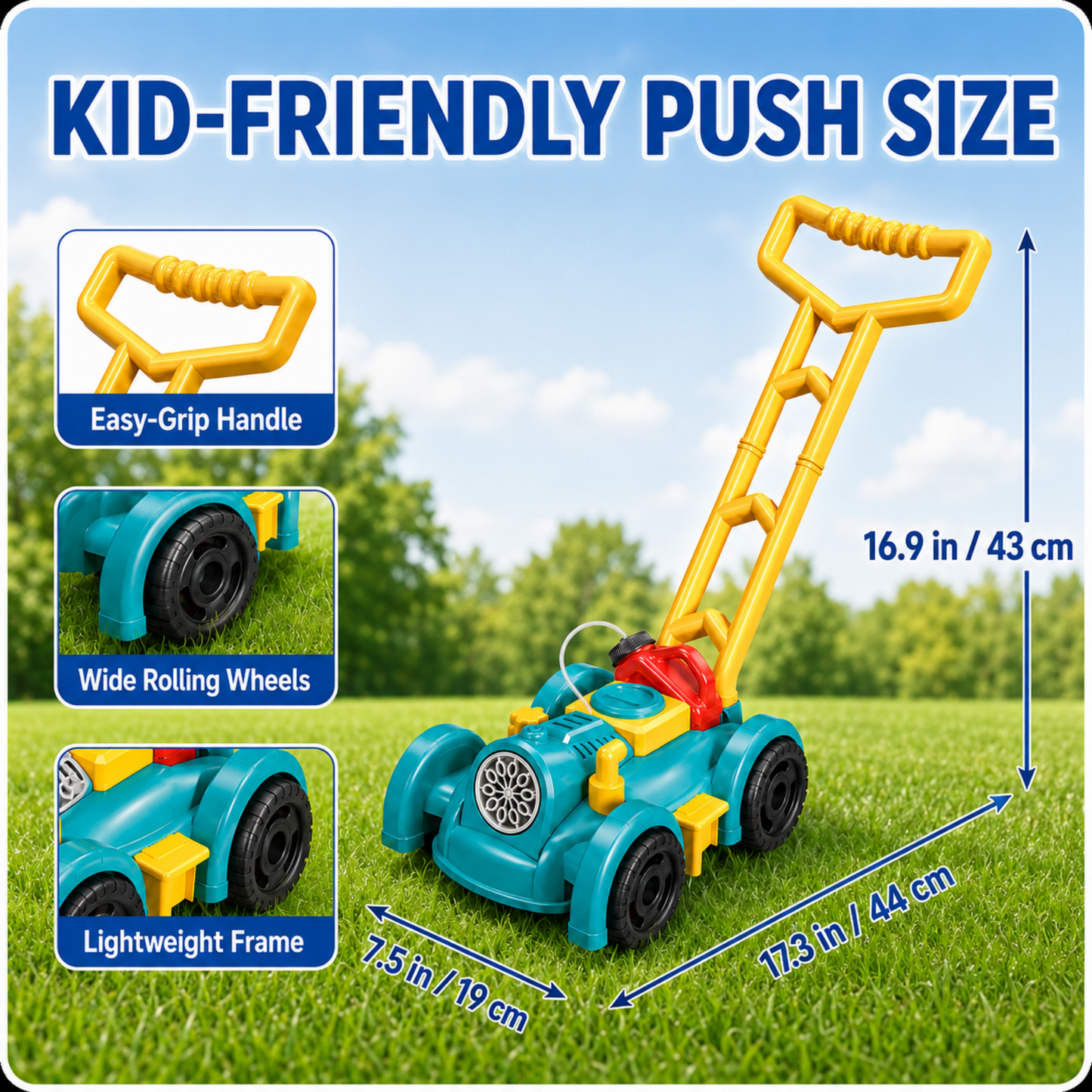 MEHOOM Light Bubble Machine for Kids, Bubbles Lawn Mower with 12 Refill Packs, Outdoor Auto Bubble Blowing Toy with for Toddlers Boys Girls Age 3-10,Blue