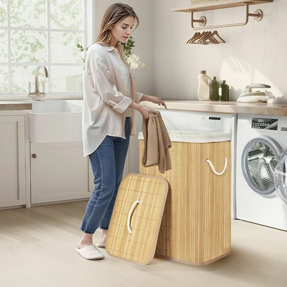 MEHOOM Bamboo Laundry Hamper with Lid, 80L Foldable Laundry Basket with Handles and Removable Liner Bag for Bedroom and Laundry Room