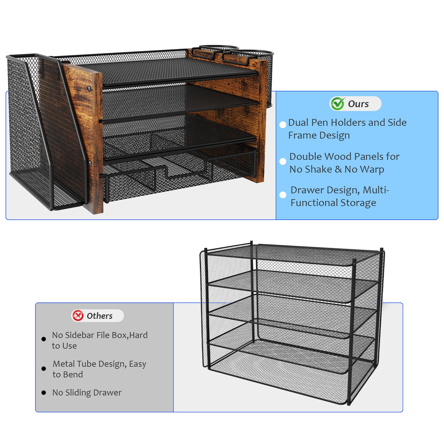 MEHOOM Desk Organizer with File Holder,4-Tier Desk File Organizer with Drawer and 2 Pen Holders, Office Desk Accessories, File Sorters, Workspace Organizers for Office Supplies
