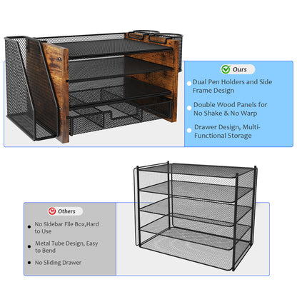 MEHOOM Desk Organizer with File Holder,4-Tier Desk File Organizer with Drawer and 2 Pen Holders, Office Desk Accessories, File Sorters, Workspace Organizers for Office Supplies