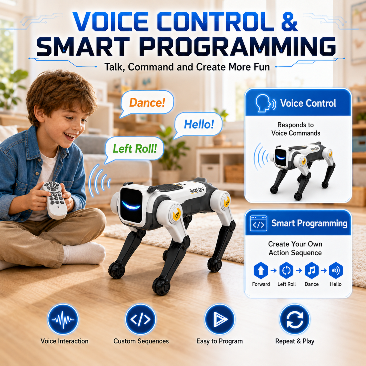 Smart Robot Dog, Interactive Robo Pet for Kids with Voice Control & Remote, Stunt Robot Toy with Backflip, Dancing, Singing & Sensor Mode, Educational Robot for Ages 3+