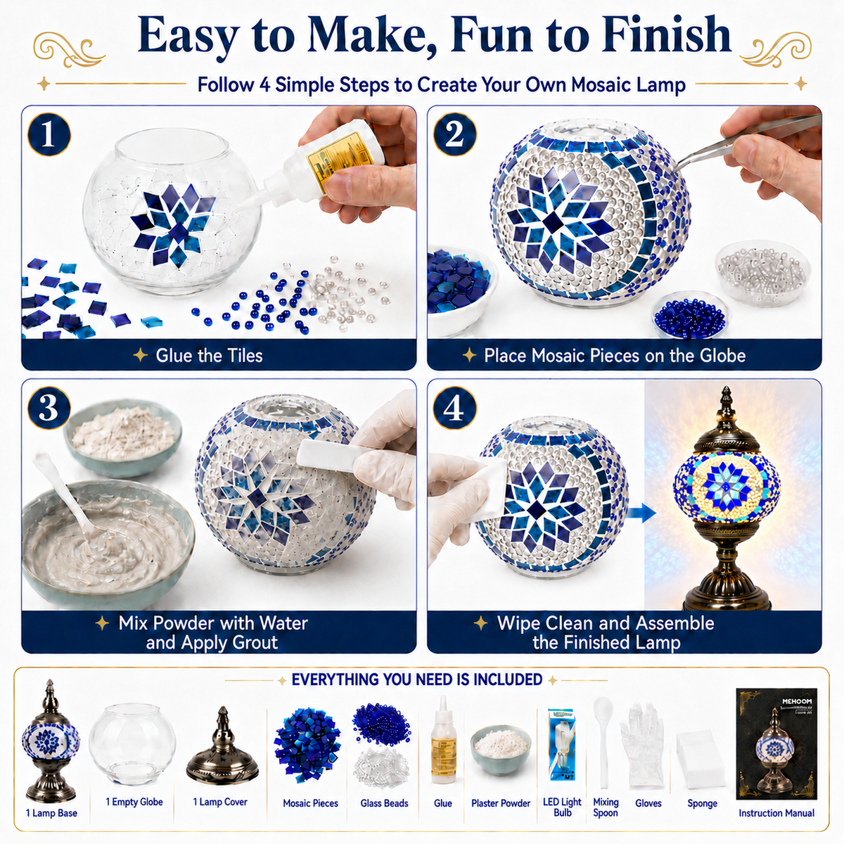 MEHOOM Classic DIY Mosaic Lamp Kit,Turkish Crafts Kit for Adult,Moroccan Decor, Perfect Gift for Her or Him
