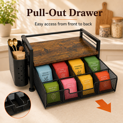 MEHOOM Tea Bag Organizer Kitchen Storage Box, Wood and Metal Tea Holder with Drawer, Countertop Tea Station Chest Display Container, Rustic Brown