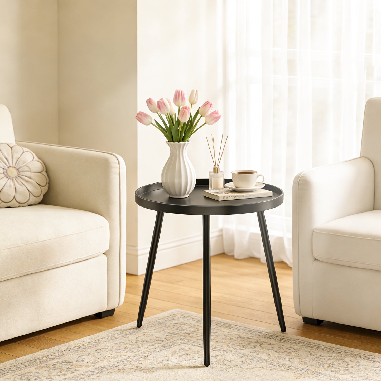 MEHOOM Matte Black Round Side Table, Small Metal End Table for Living Room, Bedroom, Sofa Side & Small Spaces