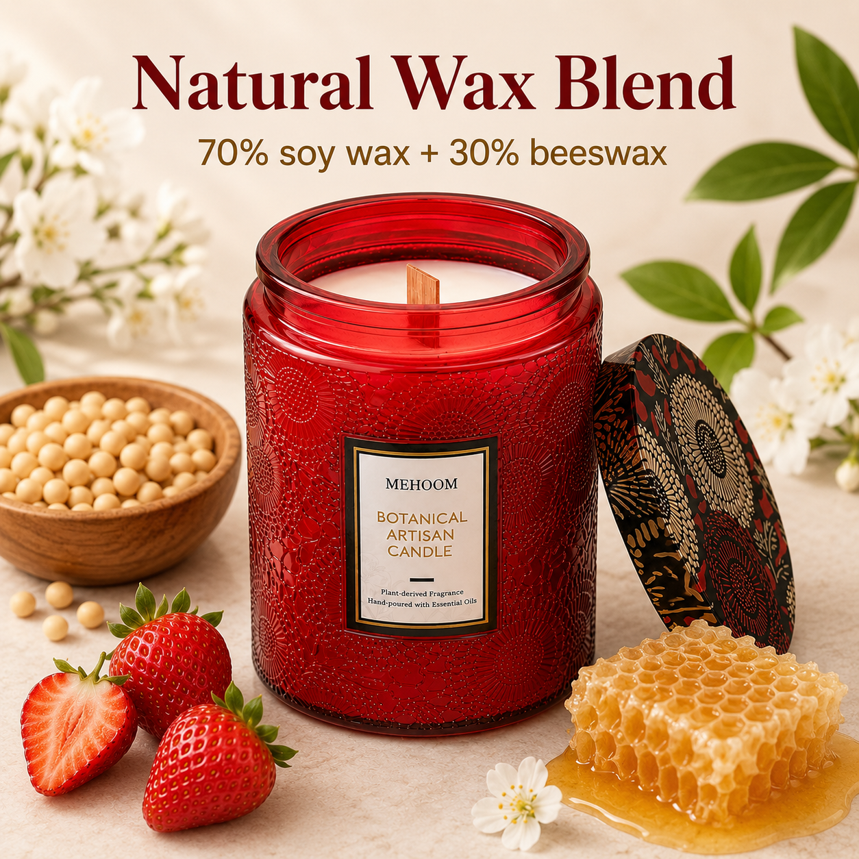 MEHOOM Strawberry Wood Wick Scented Candle, 20oz Large Beeswax & Soy Blend, Clean Burning 100-Hour Candle, Cozy Gift for Home Decor