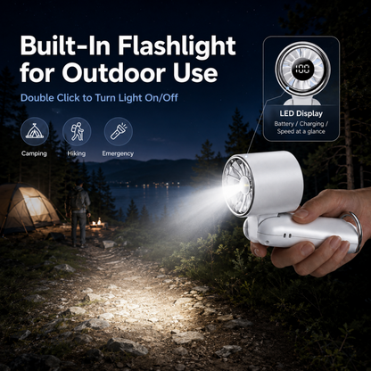 MEHOOM Air Turbo Mini Personal Fan, 3 IN 1 5000mAh Rechargeable Outdoor Portable Fan with Flashlight, 180° Adjustable, 100 Speed, Small Handheld Fan for Outdoor Indoor, Travel, Beach (White)