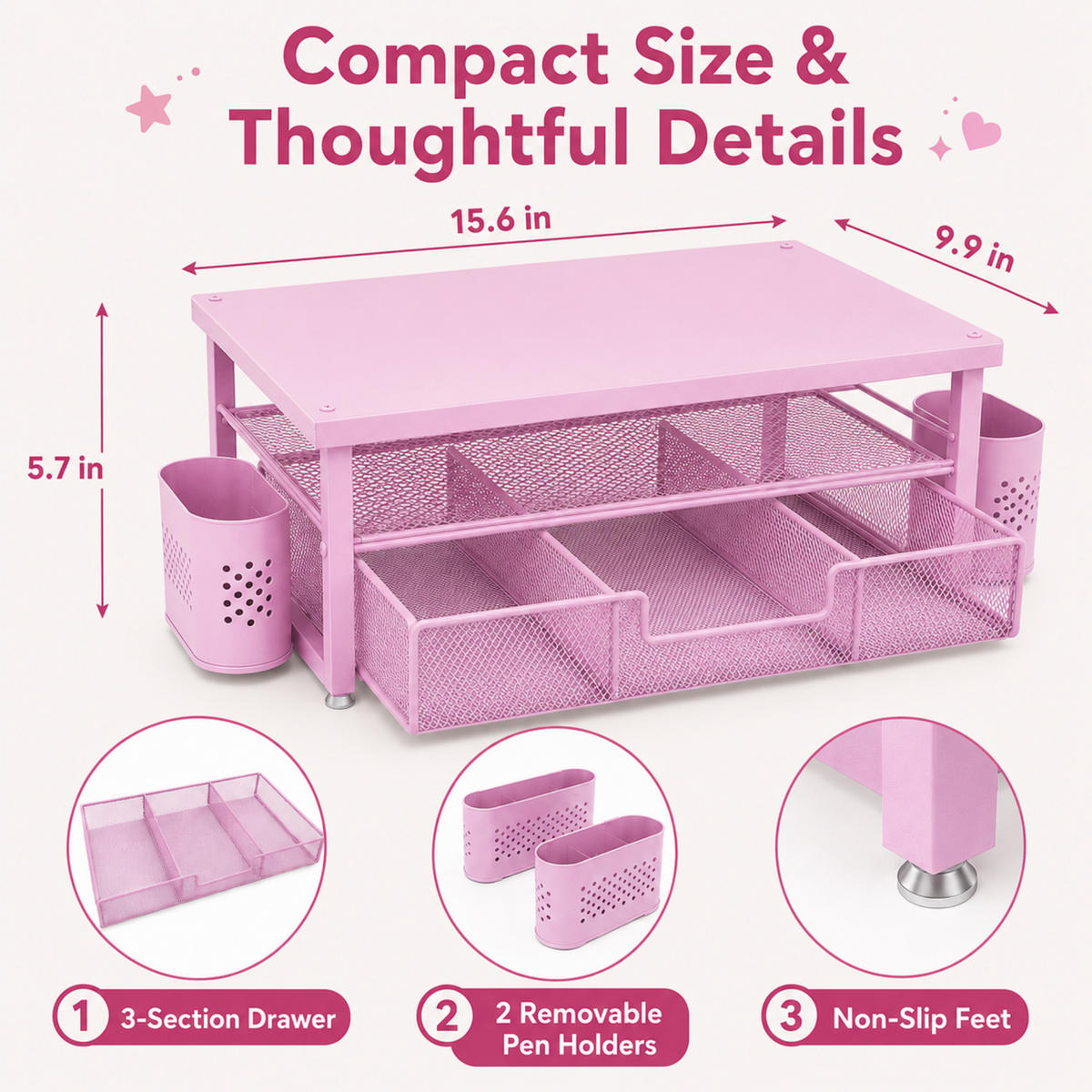 MEHOOM Desk Organizer, 3-Tier Monitor Stand with Storage and 2 Pen Holder, Laptop Stand, Office Desk Accessories for Office Supplies, Pink
