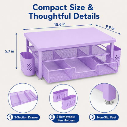 MEHOOM Desk Organizer, 2-Tier Monitor Stand with Storage and 2 Pen Holder, Laptop Stand, Office Desk Accessories for Office Supplies, Purple