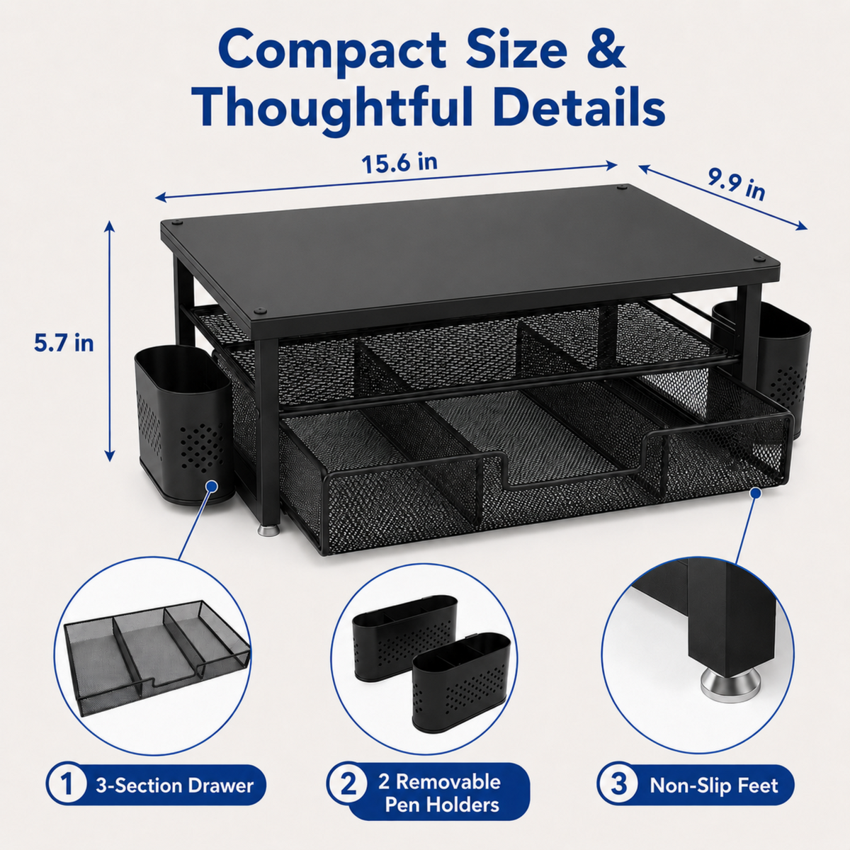MEHOOM 3-Tier Monitor Stand Riser with Drawer and Pen Holders, Desk Organizer and Accessories college essential for Laptop, Office, and Dorm Desktop Setup, Black