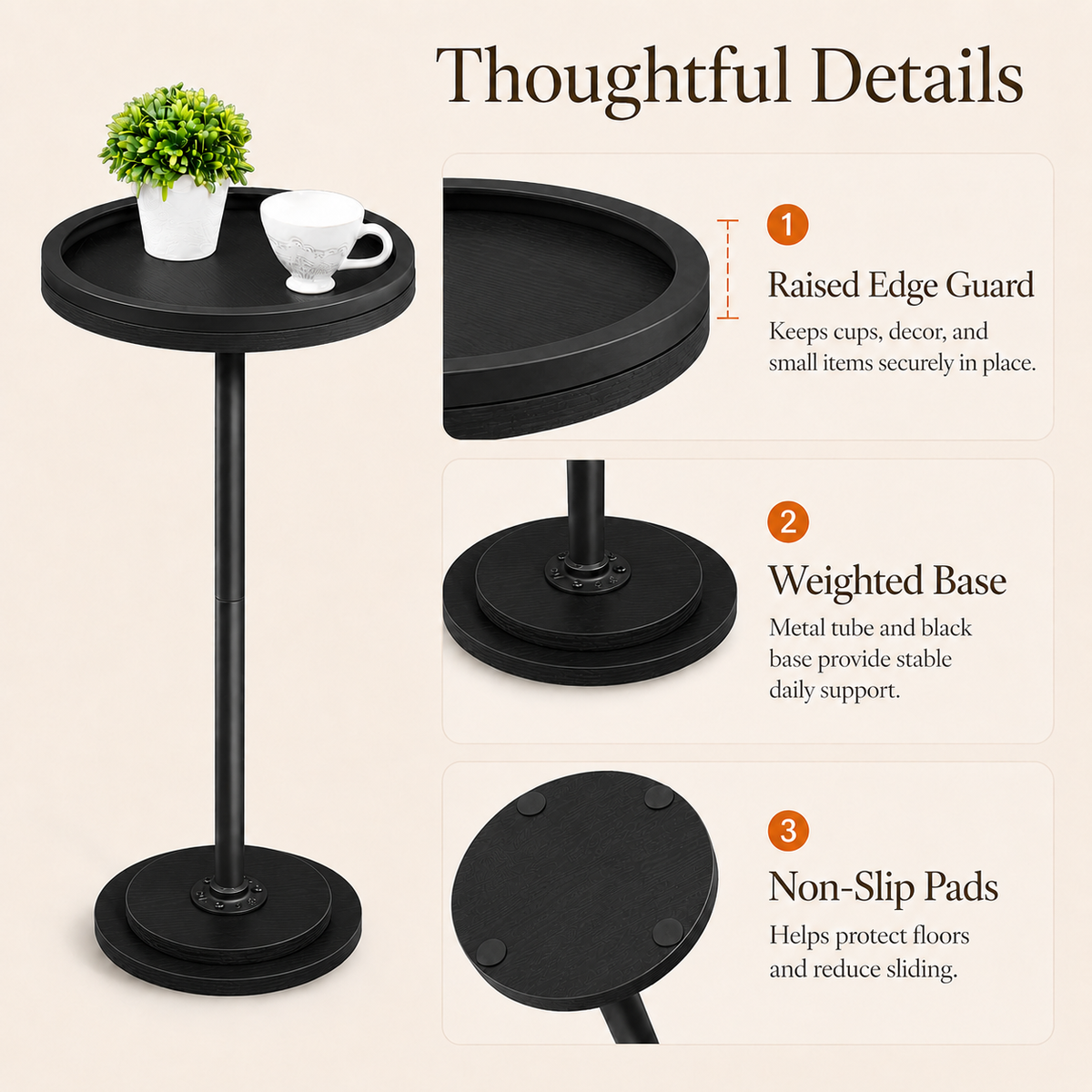 MEHOOM Round Side Table, Black Drink Table for Small Spaces, Modern Accent End Table for Living Room, Bedroom