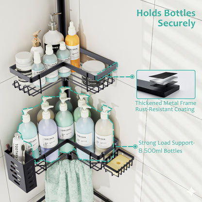 MEHOOM 4-Tier Corner Shower Caddy with Tension Pole, Adjustable 30–120 inch, No-Drill Shower Organizer with Hooks, Soap Holder & Toothbrush Cup, Rustproof Bathroom Caddy (Black)
