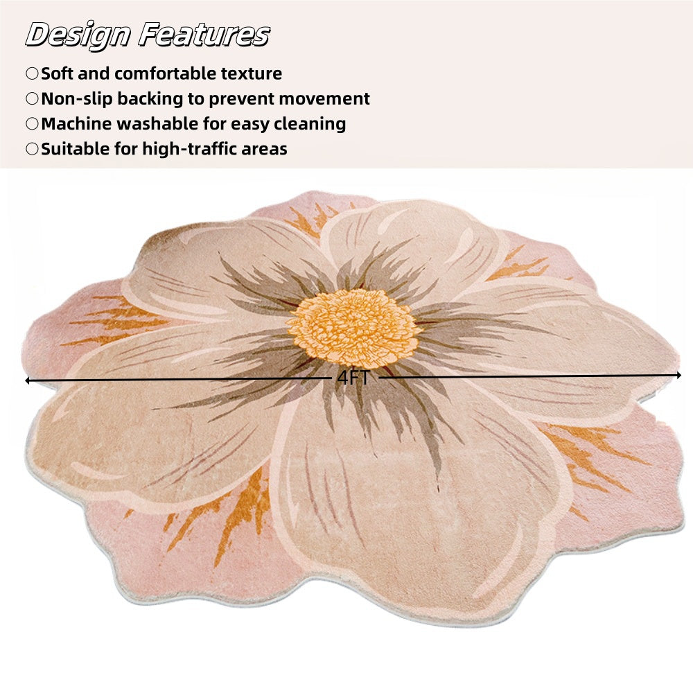 MEHOOM 4ft Round Flower Washable Rug, Soft Throw Round Rug, Non-Slip Area Circle Rug for Living Room, Bedroom, Patio, Indoor, Outdoor, Pink