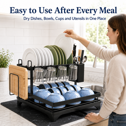 MEHOOM 2-Tier Dish Drying Rack, Dish Rack, Stainless Steel Dish Rack with Auto Drainage System and Absorbent Mat, Dish Drainer for Kitchen Counter